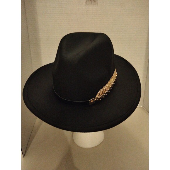 Black wide brim hat gold leaf band men women size 57 cm - Picture 2 of 7
